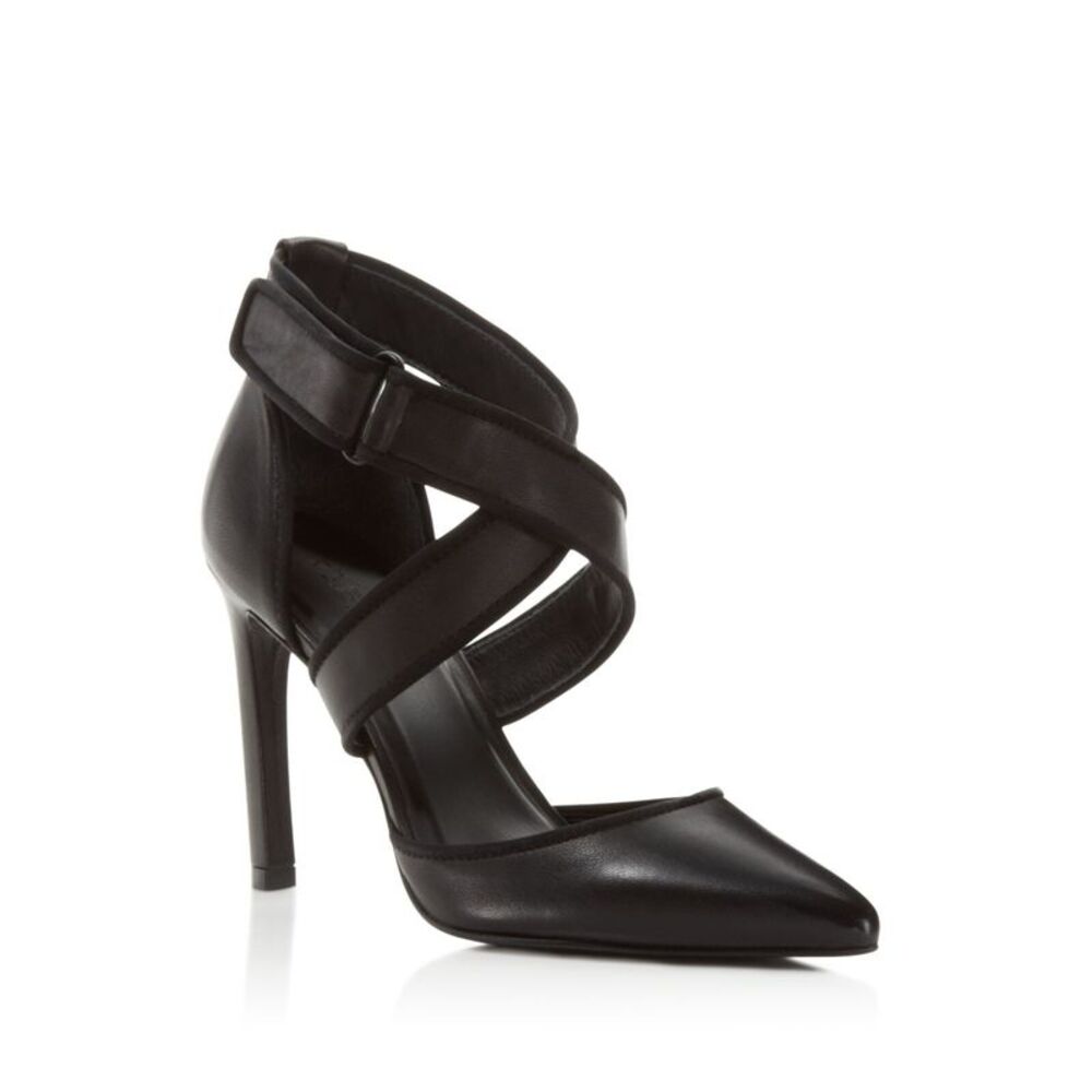 A7EIJE Womens Black Strappy D Pointed Toe Stiletto Leather Dress Heels 6.5